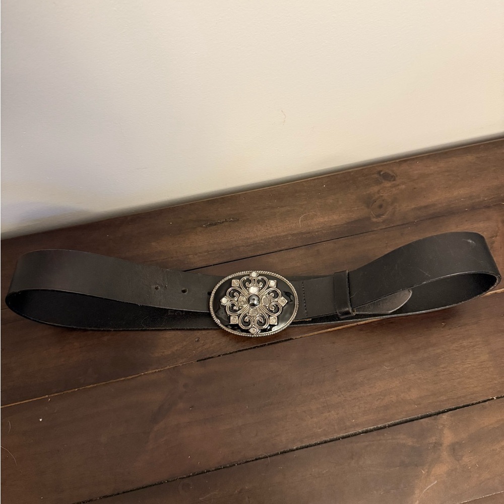 Express Genuine Leather Black Belt w/ Ornate Silver Tone Buckle – Size L